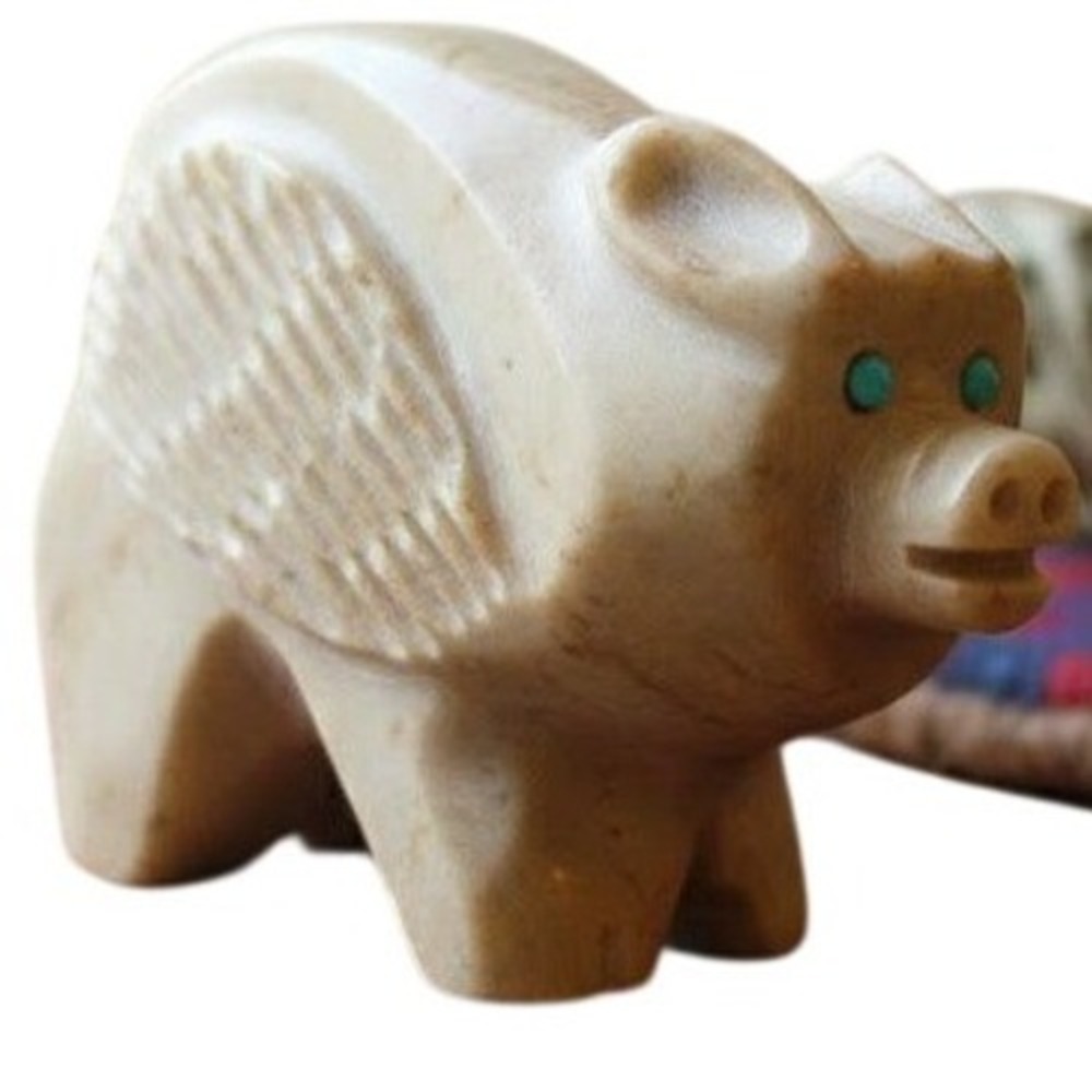 Hand Carved Stone Flying Pig Figurine‎ Turquoise Eyes Zuni Style Fetish 2 Inch